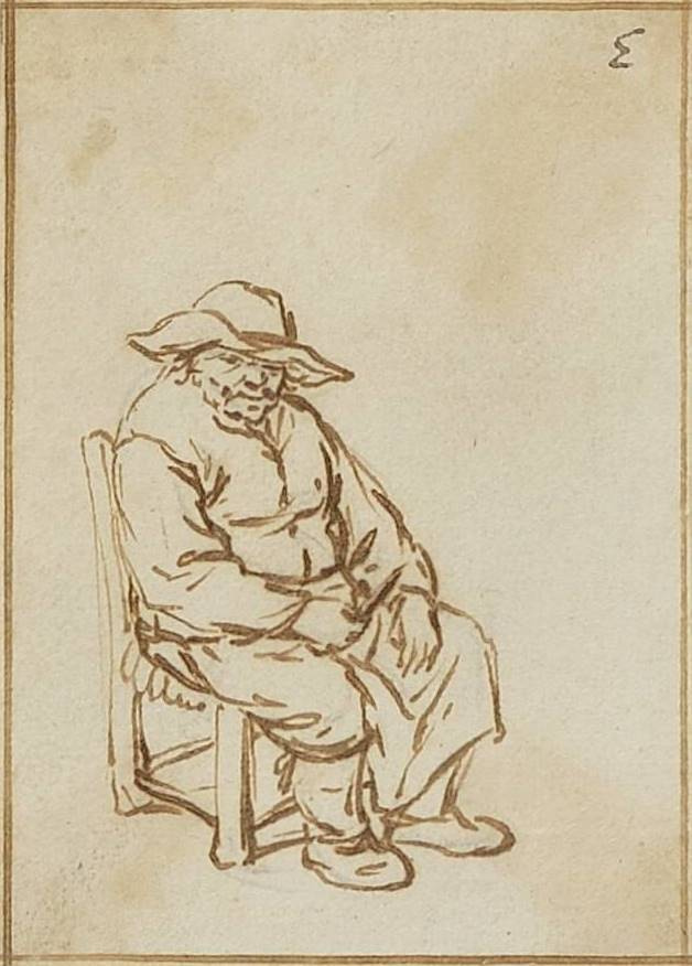 Adrian Jans van Ostade. Seated peasant in an apron of the butcher