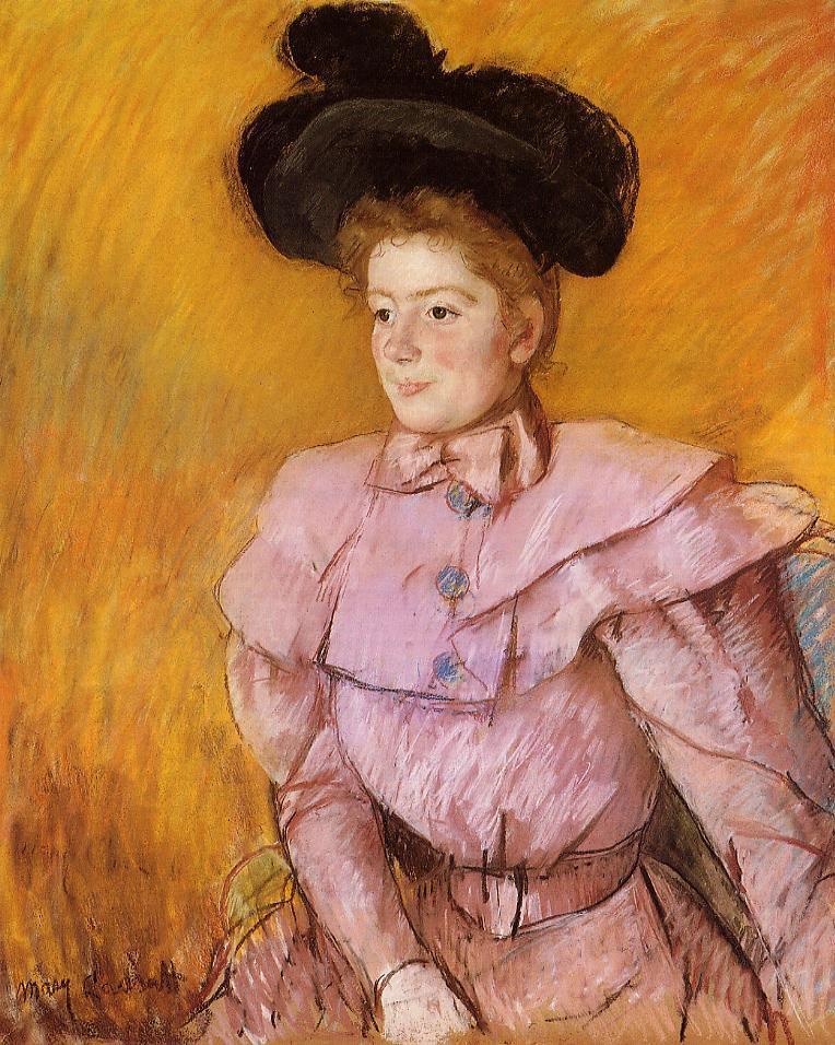 Mary Cassatte. A woman in a black hat and a raspberry pink costume