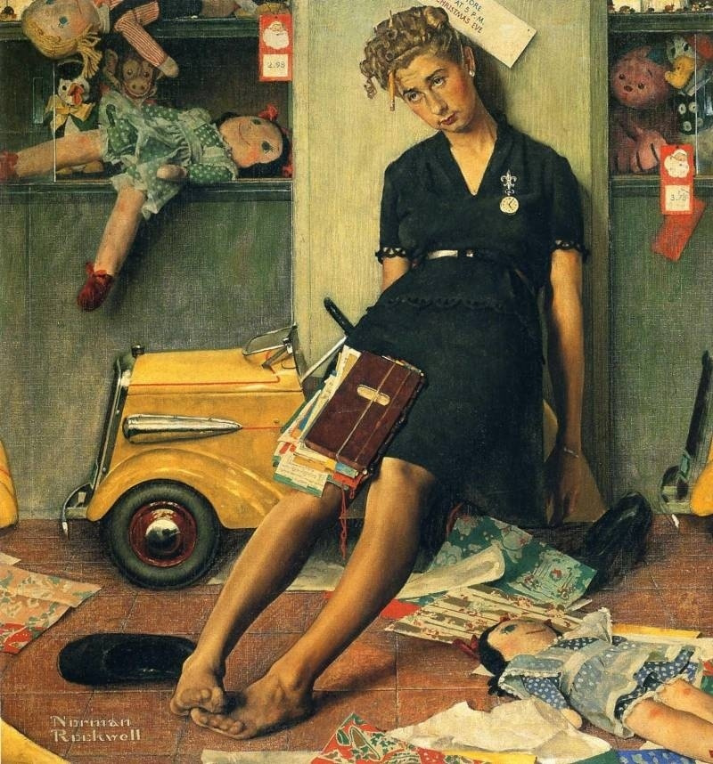 Norman Rockwell. After the Christmas hustle and bustle. Cover of "The Saturday Evening Post" (27 Dec 1947)