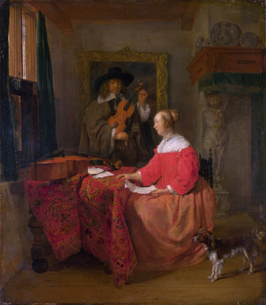 Габриель Метсю. Женщина, сидящая за столом и мужчина, настраивающий скрипку