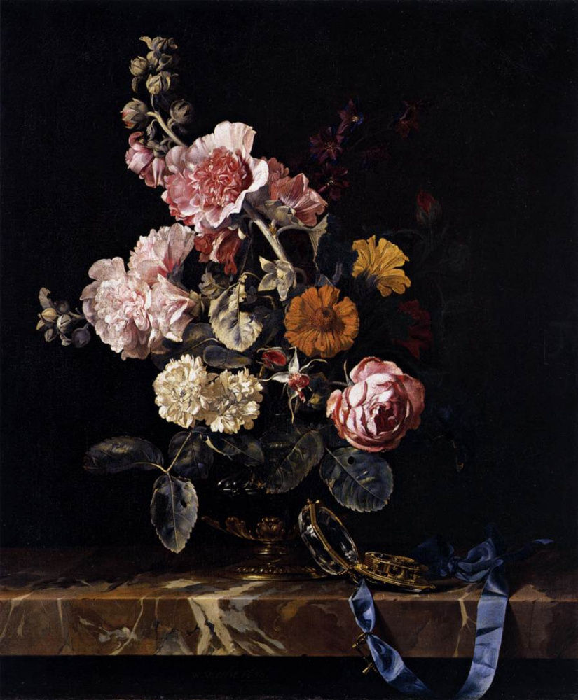 Willem van Aelst. Still life with flowers and clock on the table