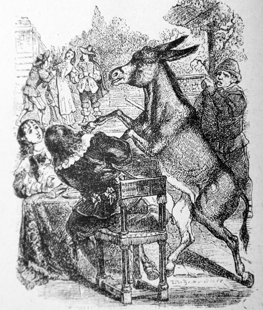 Donkey and the Dog. Illustrations to the fables of Jean de Lafontaine