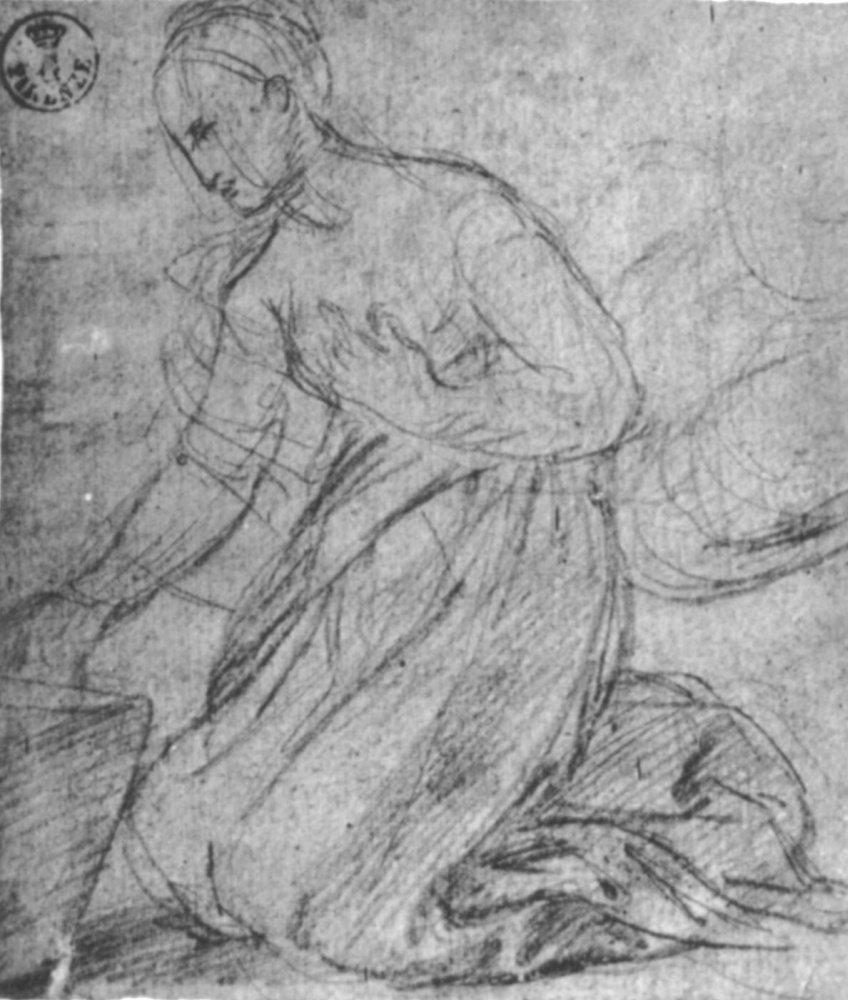 Raphael Sanzio. Sketch of a kneeling woman image of the virgin Mary