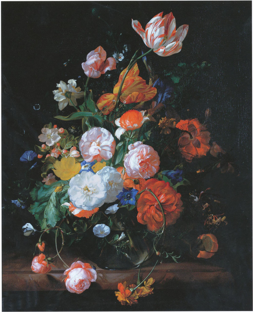 Rachelle Ruysch. Roses, tulips and other flowers in a glass vase on a marble shelf