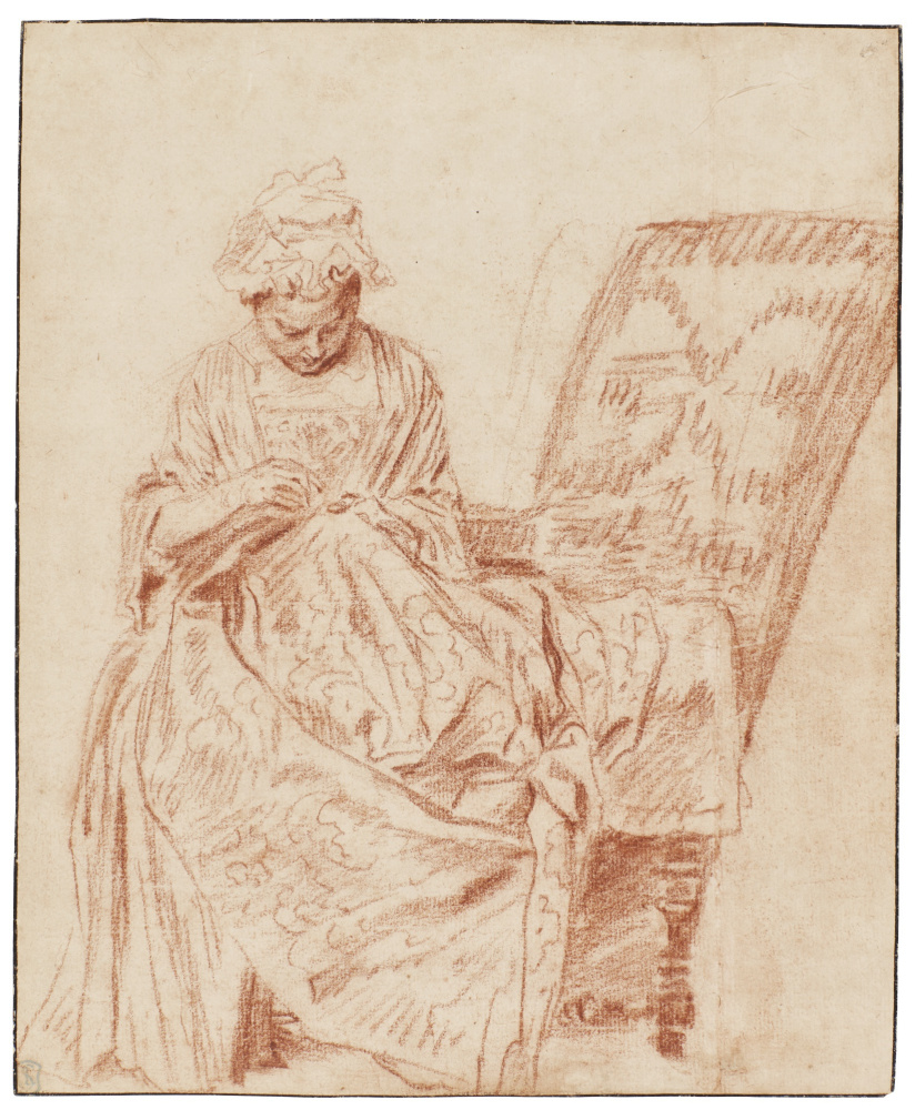 Antoine Watteau. Woman embroiders in the chair