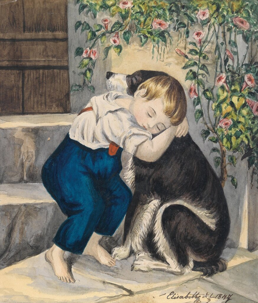 Princess Elizabeth Bavarian. Boy with a dog (drawing by Princess Elizabeth of Austria)