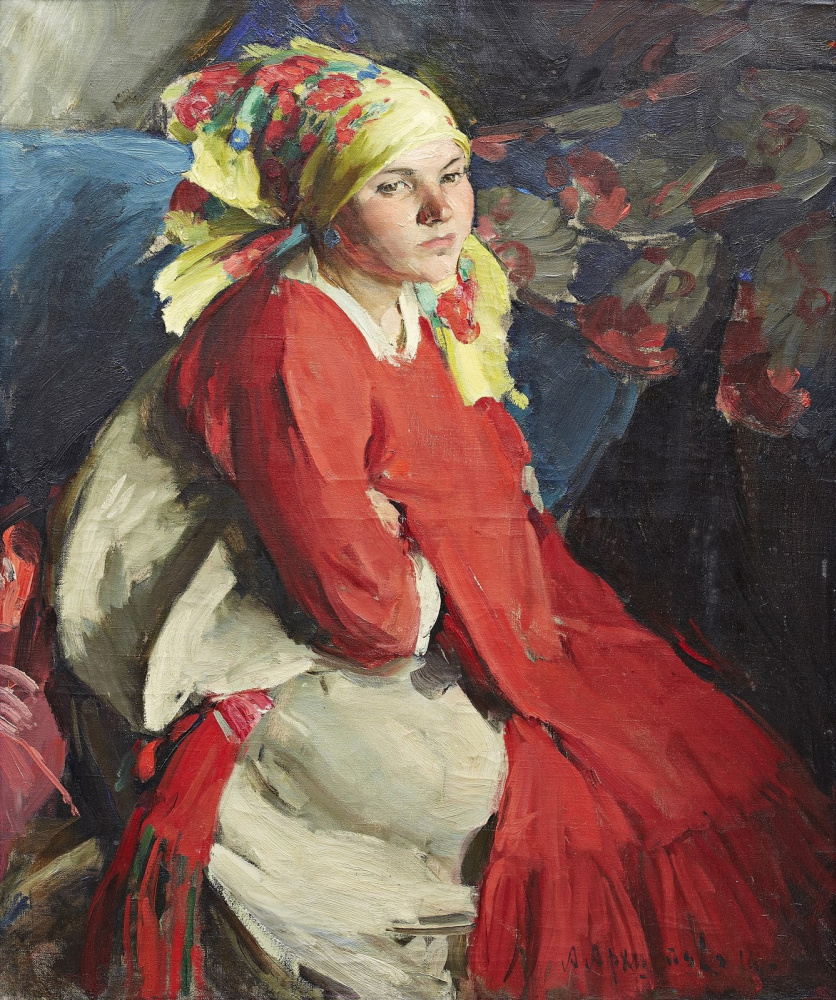 Abram Arkhipov. 一条黄色围巾的农民女孩