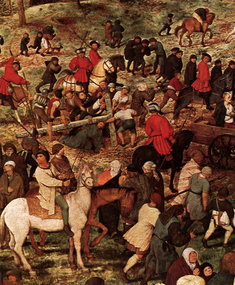 Pieter Bruegel The Elder. The procession to Calvary (carrying the cross). Fragment 6. Christ falls beneath the cross