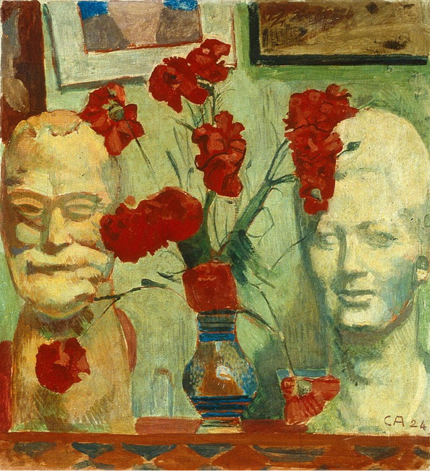 Cuno Amiet. Stilleben mit Blumen und zwei Büsten