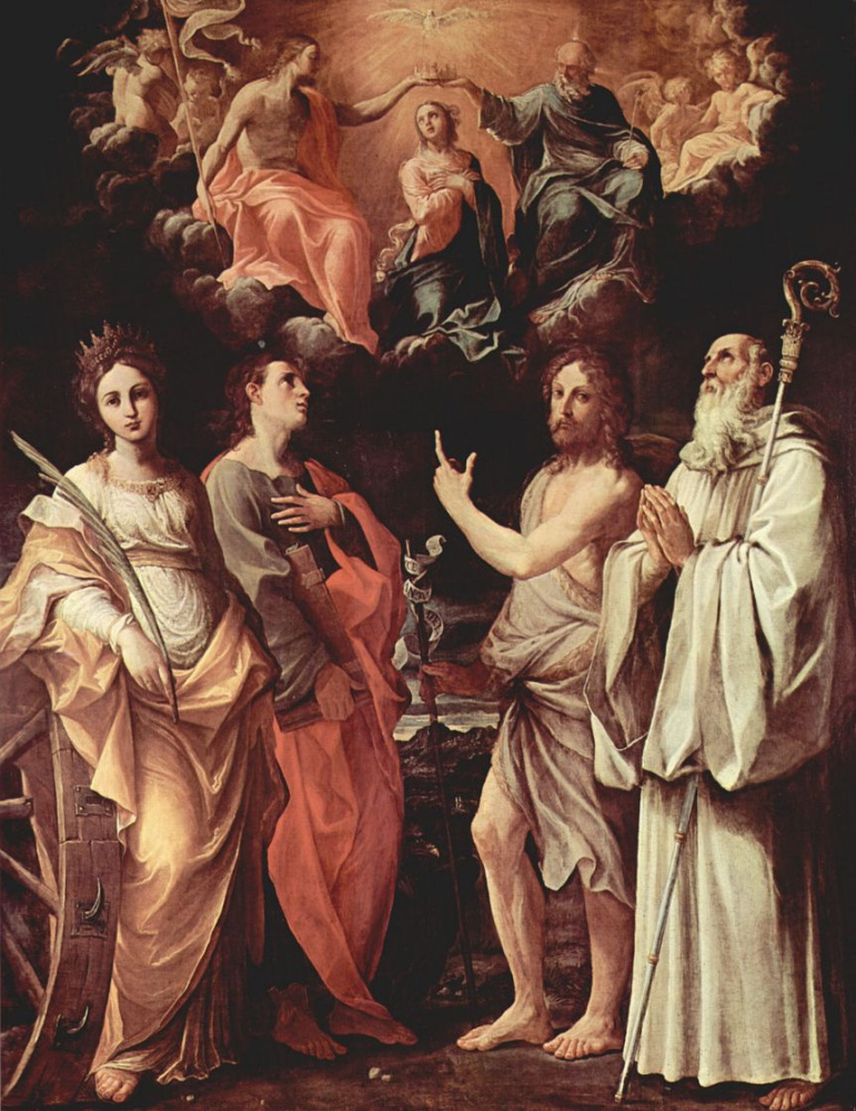 Guido Reni. The crowning of Mary with St. Catherine of Alexandria, St. John Evangelist, St. John the Baptist, St Romuald Camaldoli