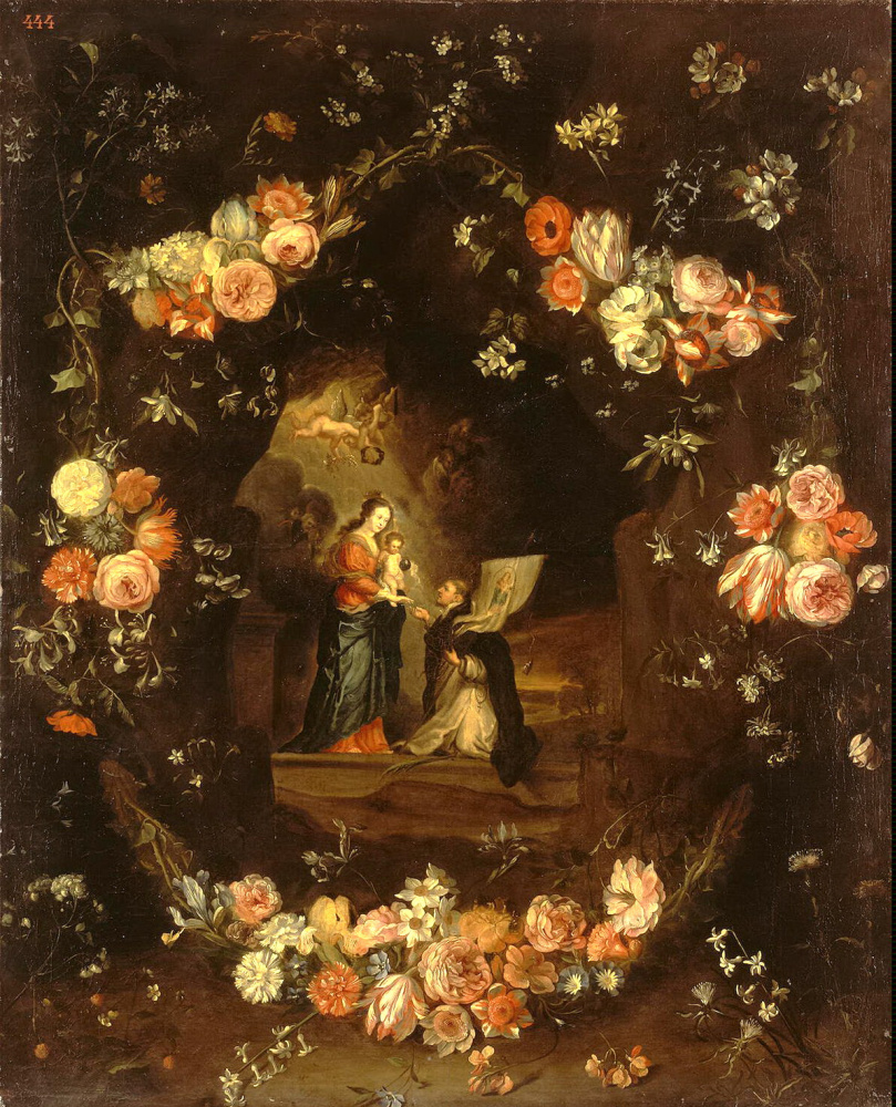 Jan van Kessel Elder. Madonna and child with saints Idelfonso in the garland of flowers