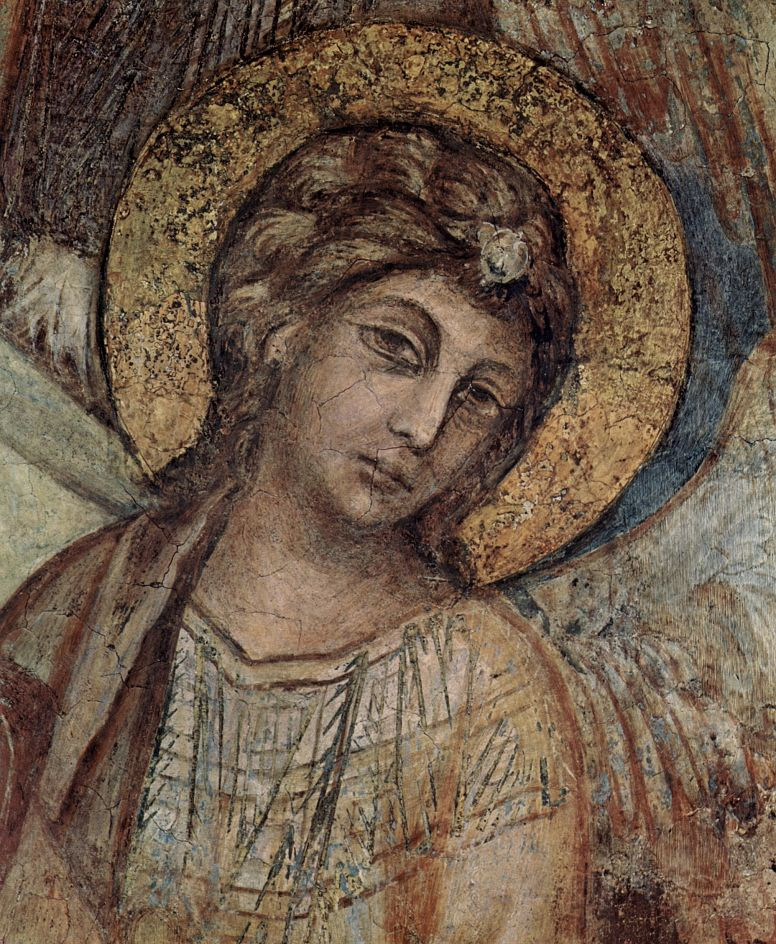 Cimabue (Chenny di Pepo). The frescoes of the lower Church of San Francesco in Assisi, the right nave, scene: Madonna enthroned, four angels and St. Francis, detail
