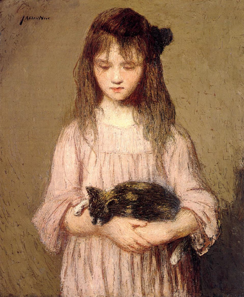 Julian Alden Weir. Girl with a kitten