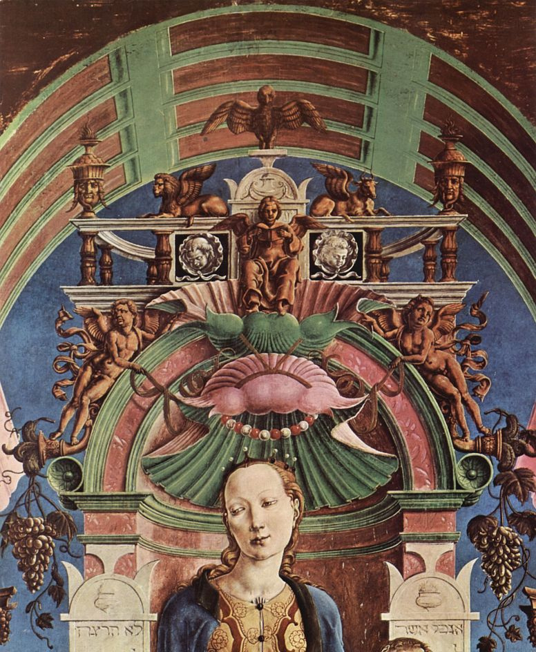 Cosimo Tour. The altar of Roverella for Santa Giorgio in Ferrara, Central part, scene: Madonna on throne with angels making music angel, detail
