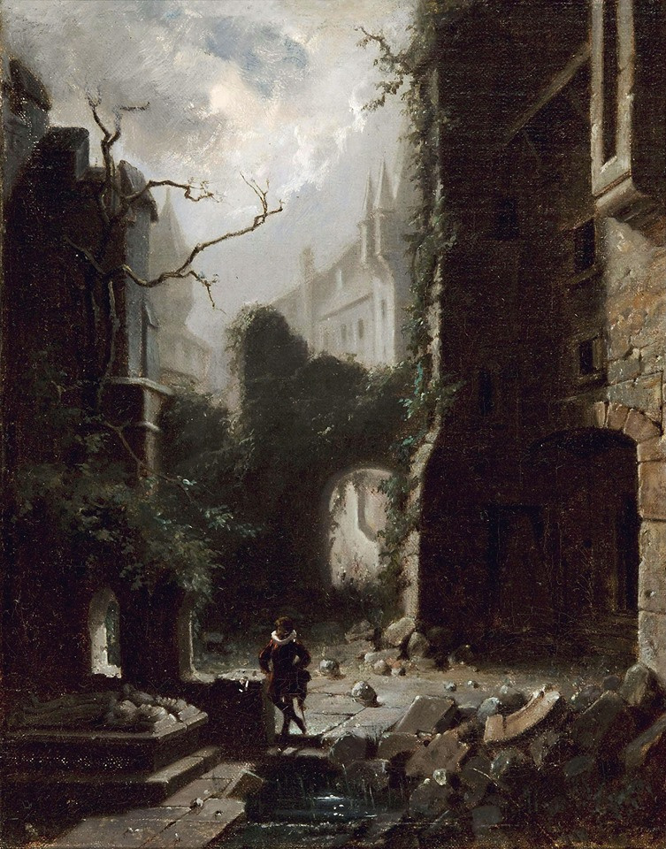 Karl Spitzweg. Moonlit scene with castle ruins