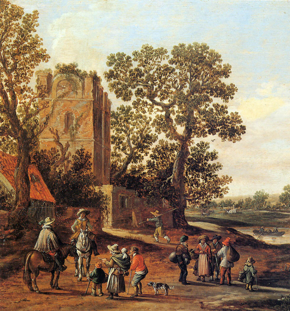 Jan van Goyen. Landscape with a ruined tower, riders and family of the poor