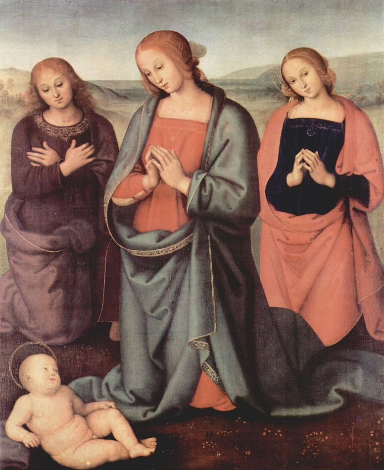 Пьетро Перуджино. Мария, поклоняющаяся младенцу, со св. Иоанном Евангелистом и св. Марией Магдаленой