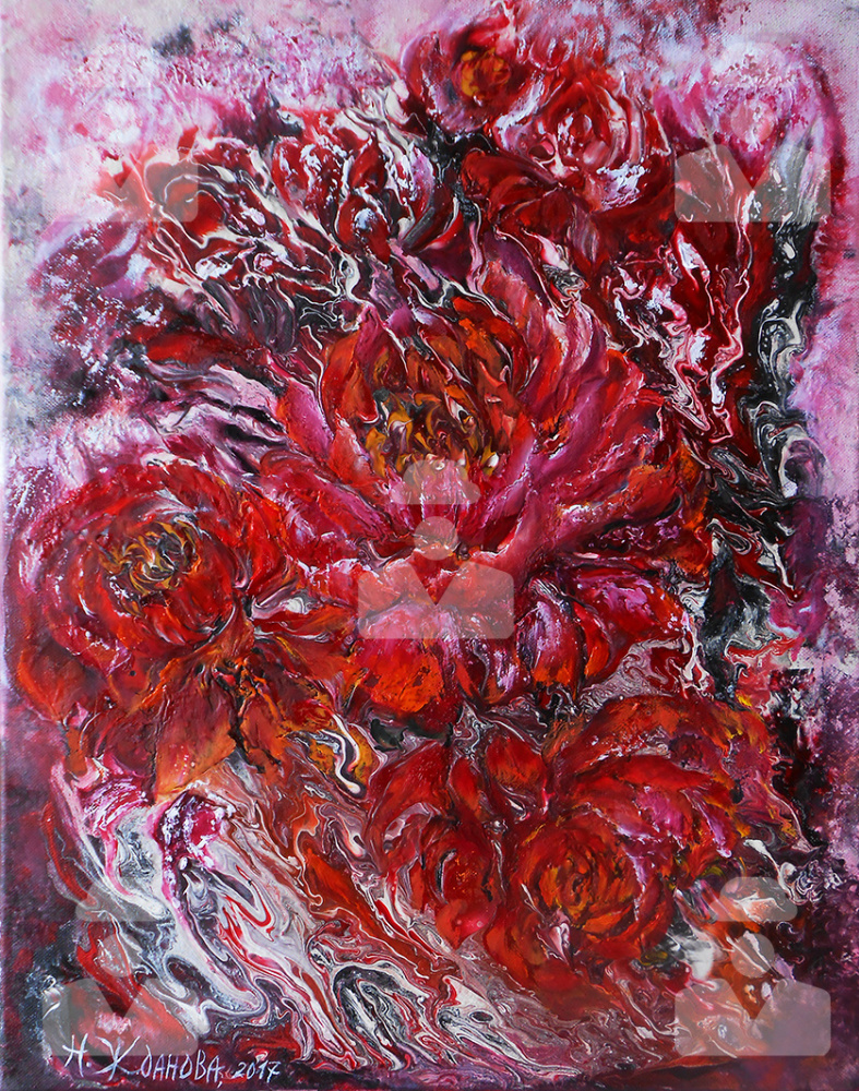 Natalya Zhdanova. Abstract Peonies flowers painting Red and Black