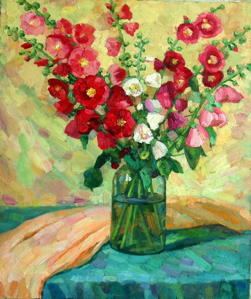 Irina Morenova. Bouquet of hollyhocks.