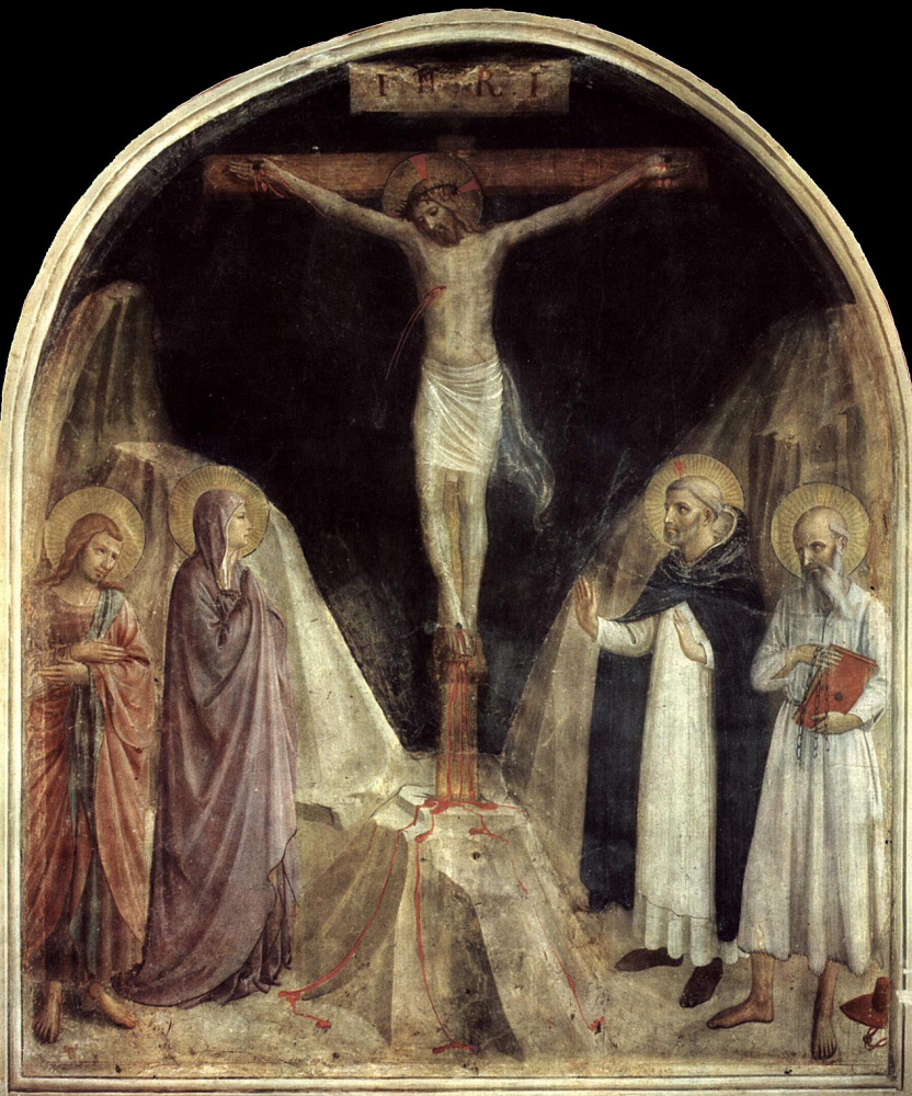 Fra Beato Angelico. Crucifixion with John the Theologian, Mary, Saints Jerome and Dominic. Fresco of the Monastery of San Marco, Florence
