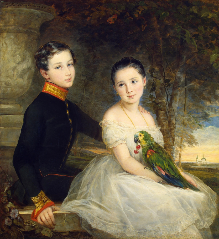 Christina Robertson. Children with a parrot. 1850