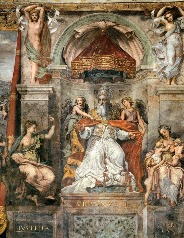 Raphael Santi. Affresco Sala di Costantino Palazzo del Pontefice in Vaticano. Papa Urbano I, vicino a Giustizia e Caritas