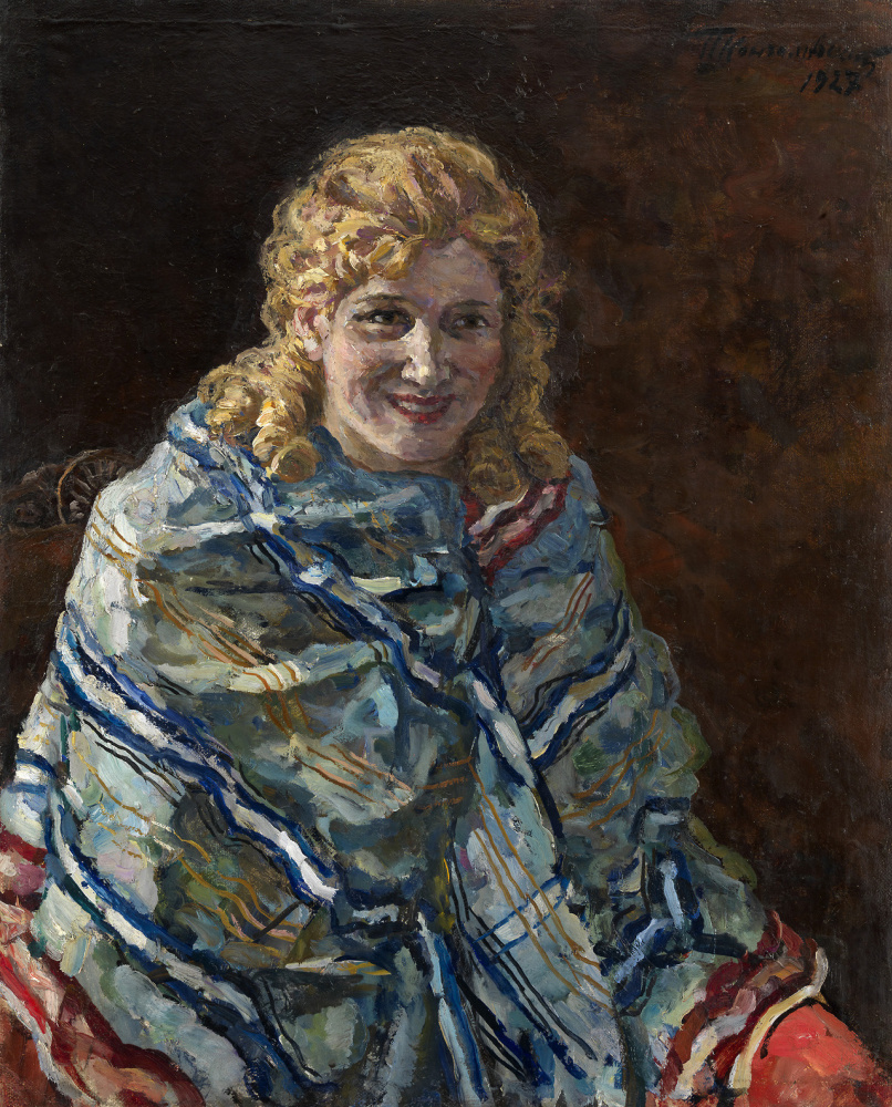 Petr Petrovich Konchalovsky. Portrait of Anna Kondratieva Reichstadt in a blue shawl