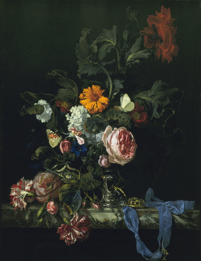 Willem van Aelst. Vase with flowers and pocket watch
