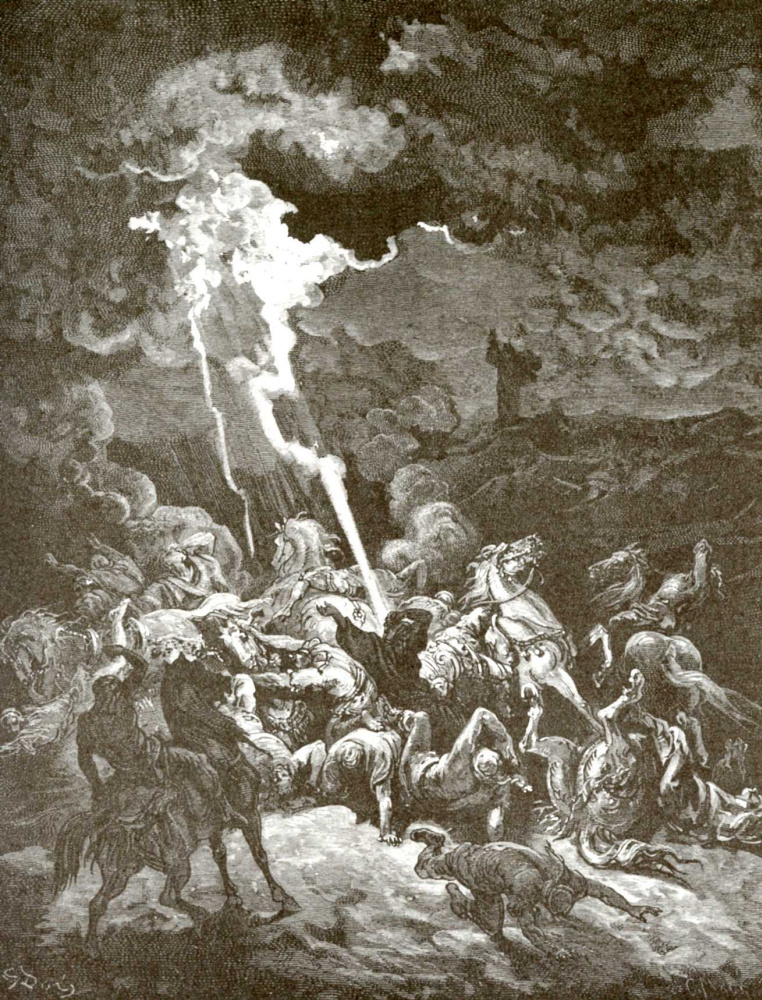 Paul Gustave Dore. Illustration to the Bible: the prophet Elijah causes fire from heaven