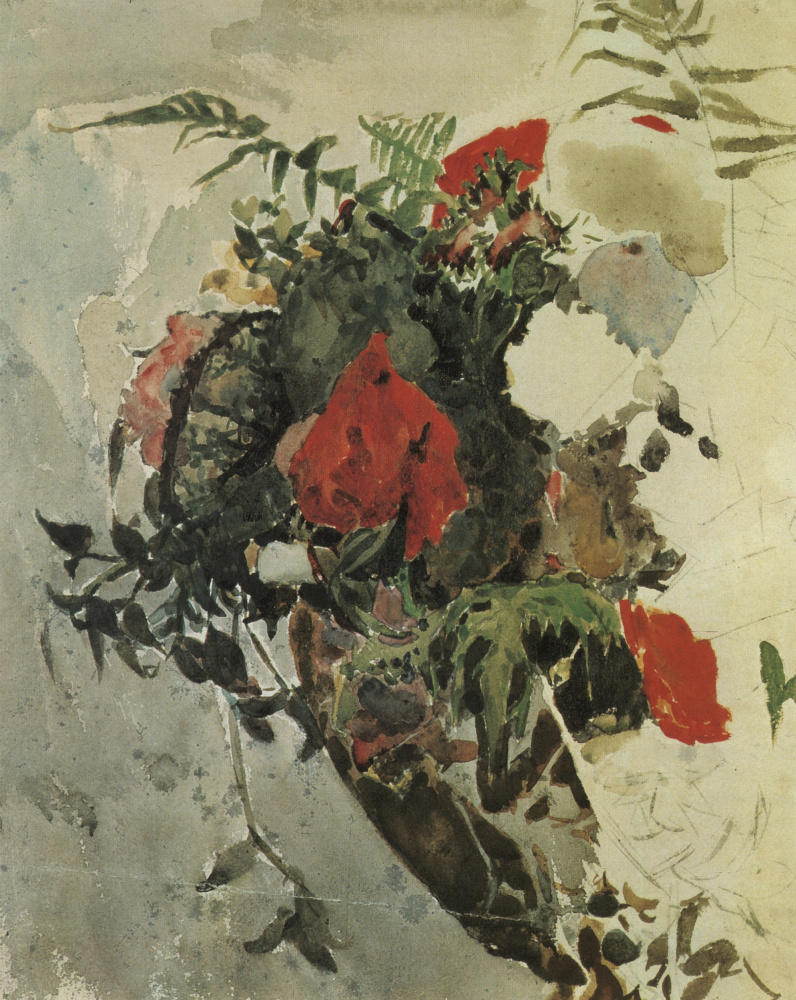 Mikhail Vrubel. Red flowers and leaves of begonia basket. Etude