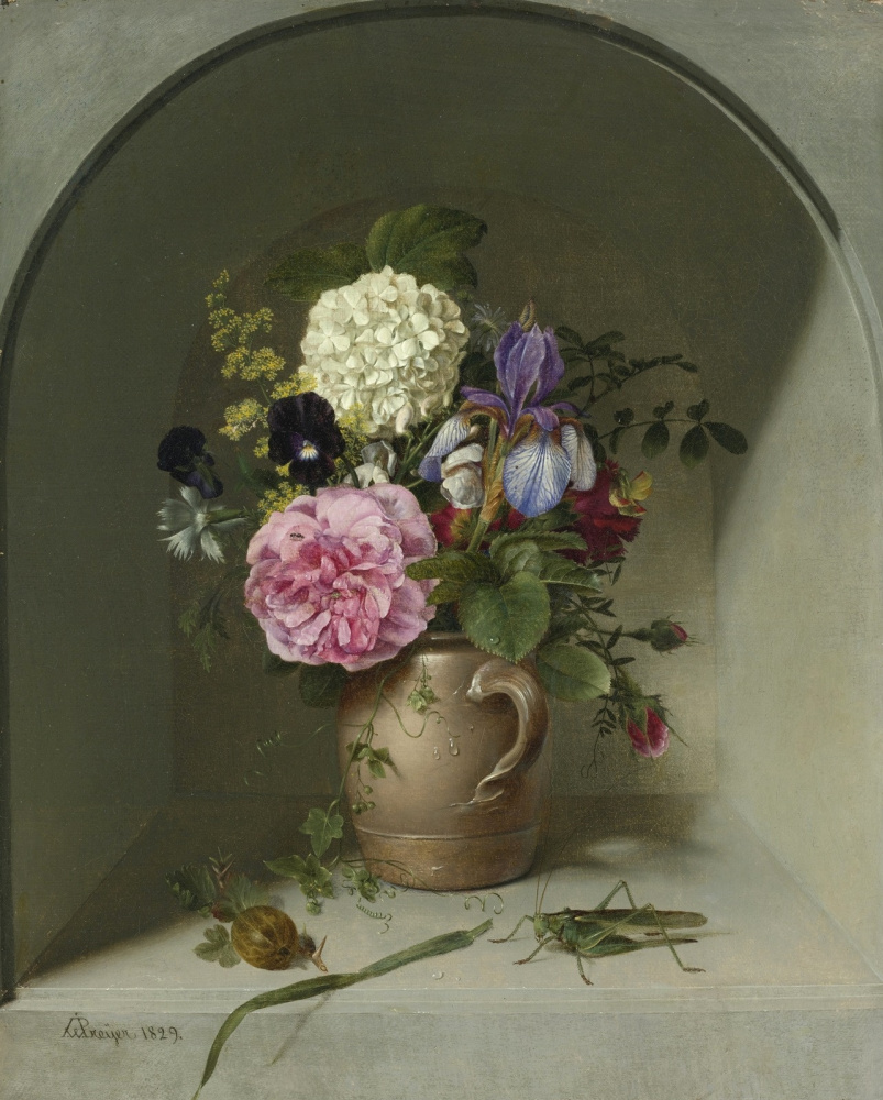 Johann Wilhelm Prairie. Flowers in a clay jug in a niche with a grasshopper. 1829