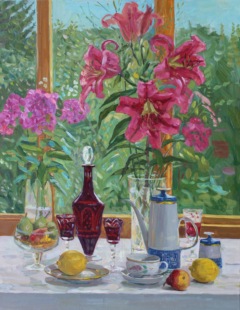 Eugene Alexandrovich Kazantsev. Still life Lilies, red decanter, lemons.
