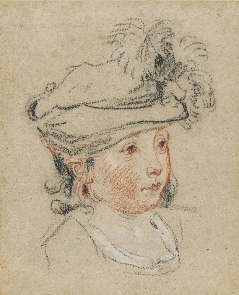 Antoine Watteau. Head of a child in a feathered hat