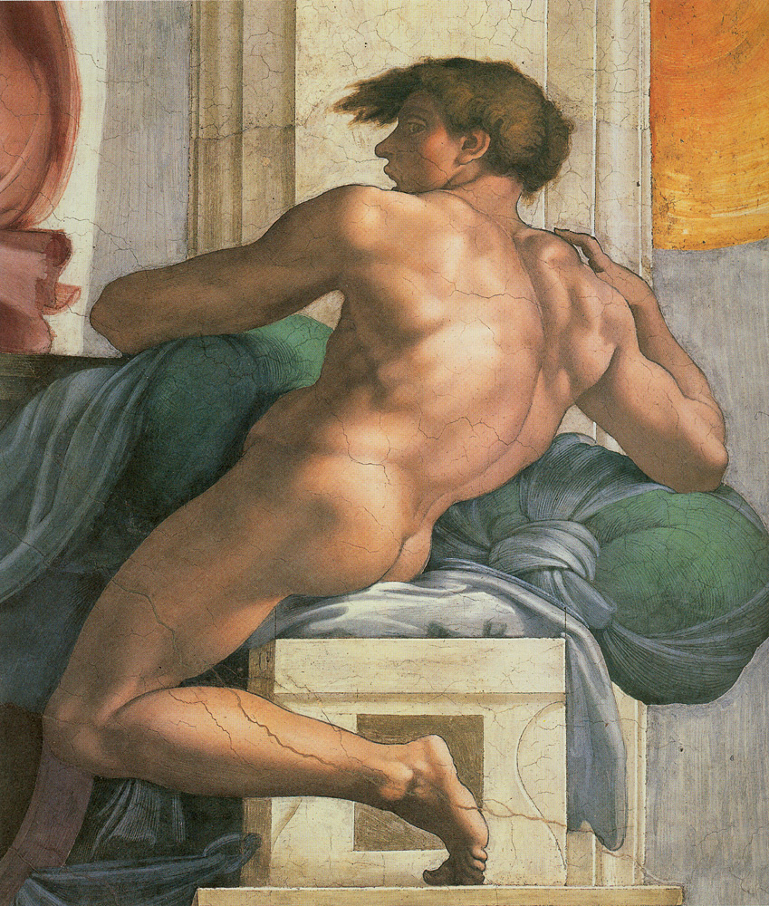 Michelangelo Buonarroti. The ceiling of the Sistine chapel. Naked next to Separation of Land and the Persian Sybil.