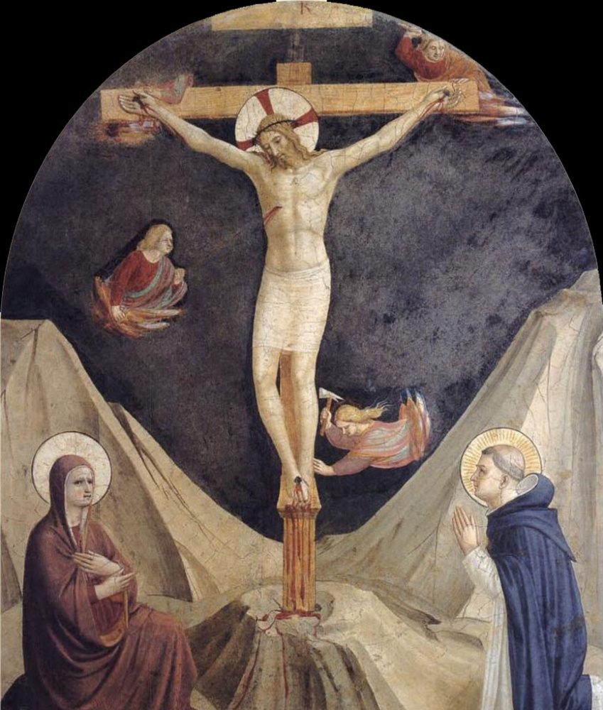 Fra Beato Angelico. Crucifixion with the Virgin, of sv. Dominic and angels. Fresco of the Monastery of San Marco, Florence