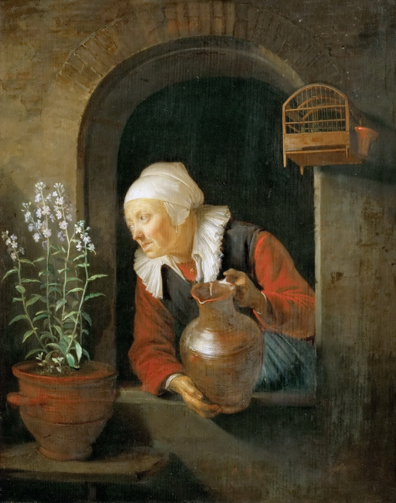 Gerrit (Gerard) Dow. The old woman in the window, watering flowers
