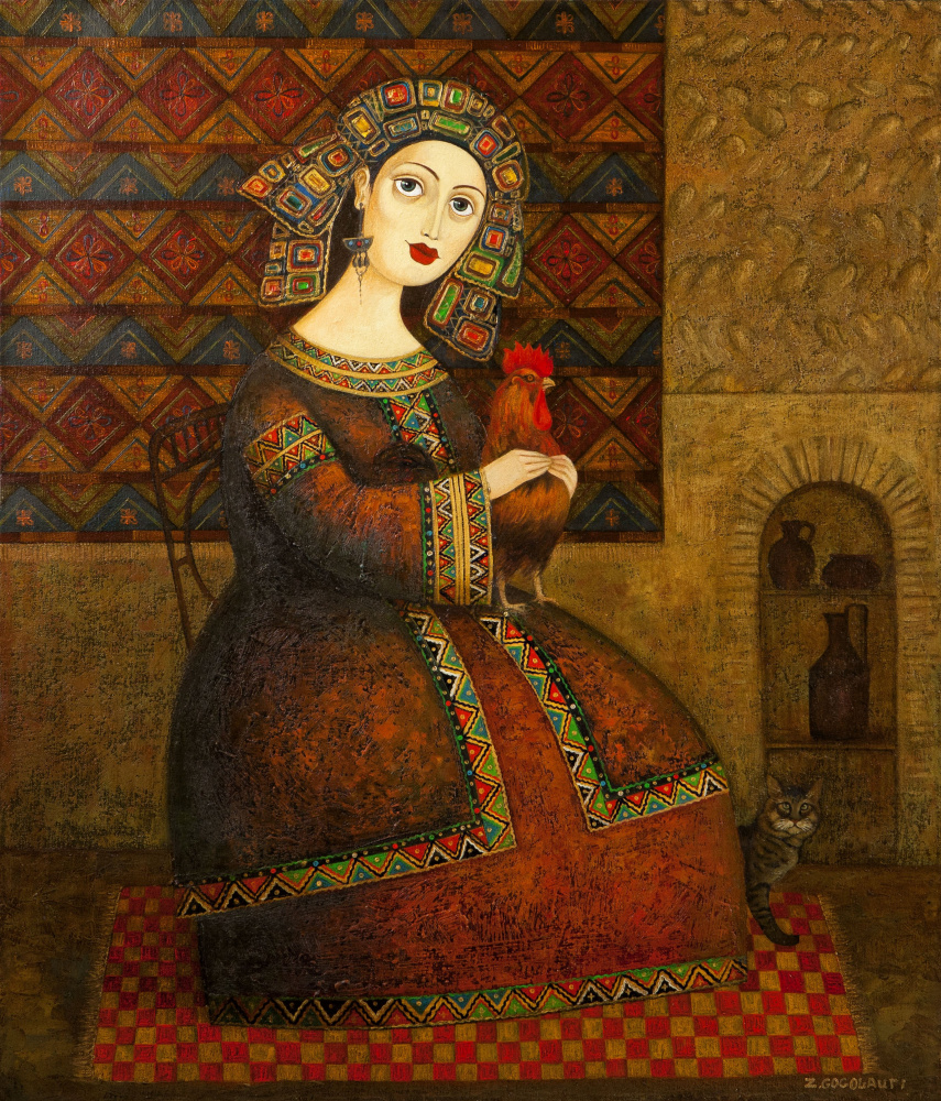 Gogolauri Zviad. Woman with a rooster and a cat