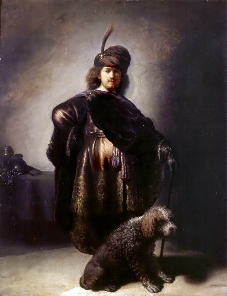 Rembrandt Harmenszoon van Rijn. Autorretrato en traje oriental con un caniche.