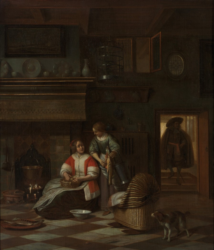 Pieter de Hooch. Mistress and her maid clean the fish