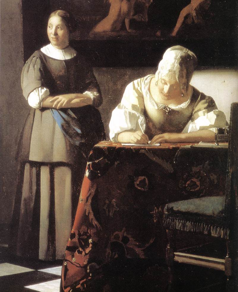 Jan Vermeer. Lady writing a letter with her maid. Fragment