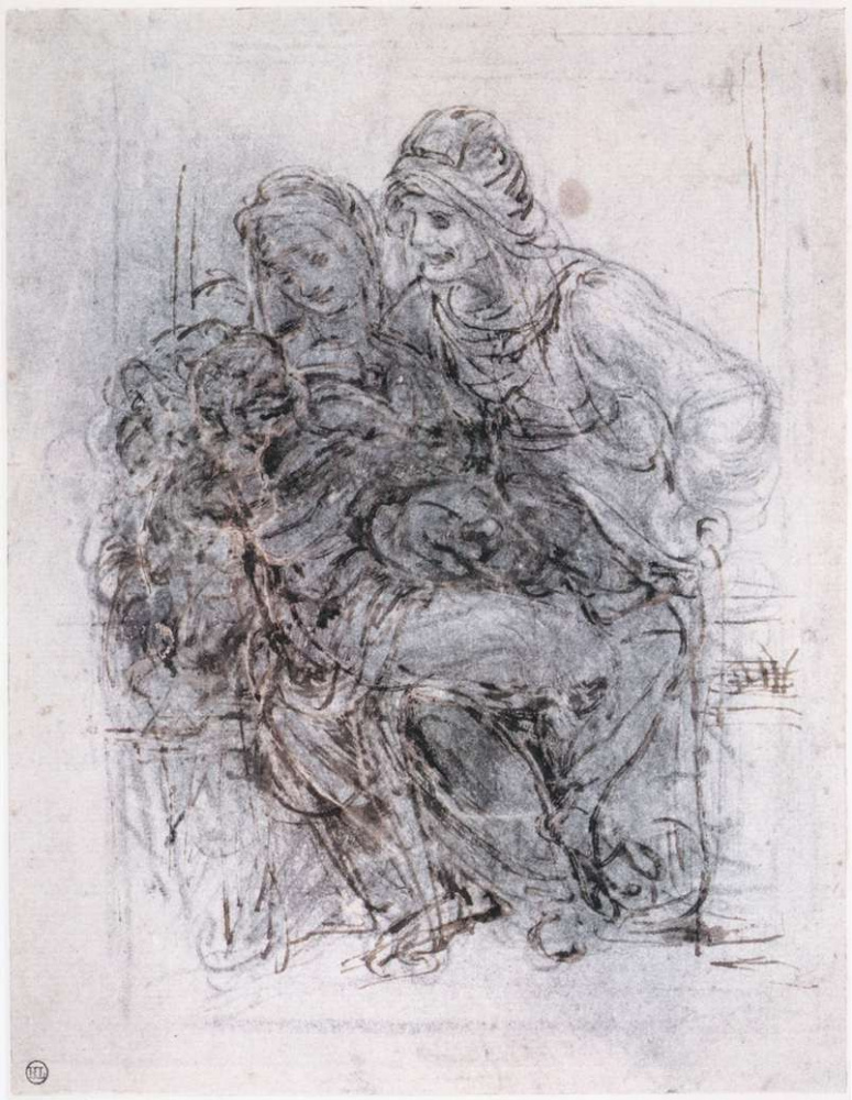 Leonardo da Vinci. Madonna with child and St. Anna (sketch)