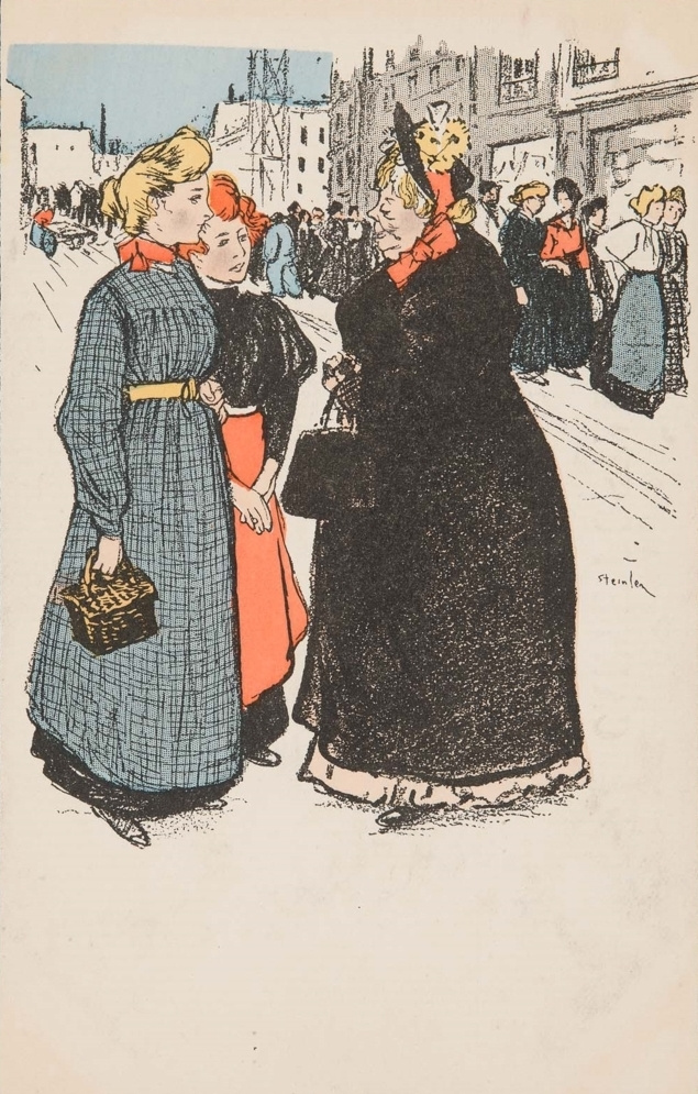Theophile-Alexander Steinlen. Two young girls talking with an elderly lady