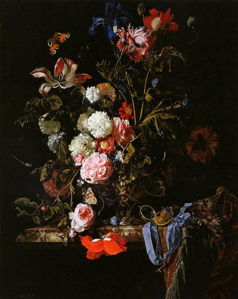 Willem van Aelst. Vase with flowers, a clock and a butterfly