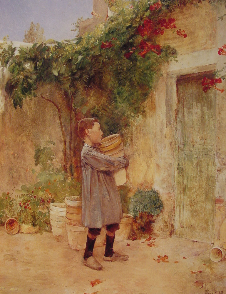Childe Hassam. Boy with flower pots