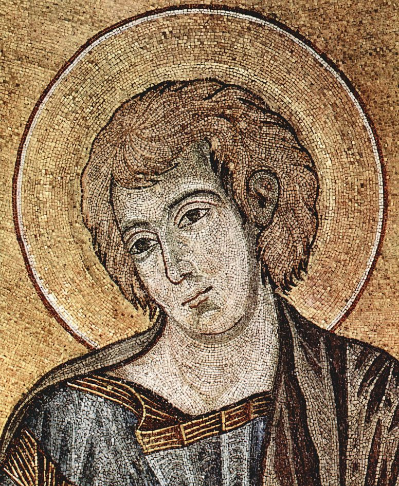 Cimabue (Chenny di Pepo). Mozaik katedrale v Pizi, prizor: Kristus ustoličen z Marijo in Janezom, podrobnost: Janez