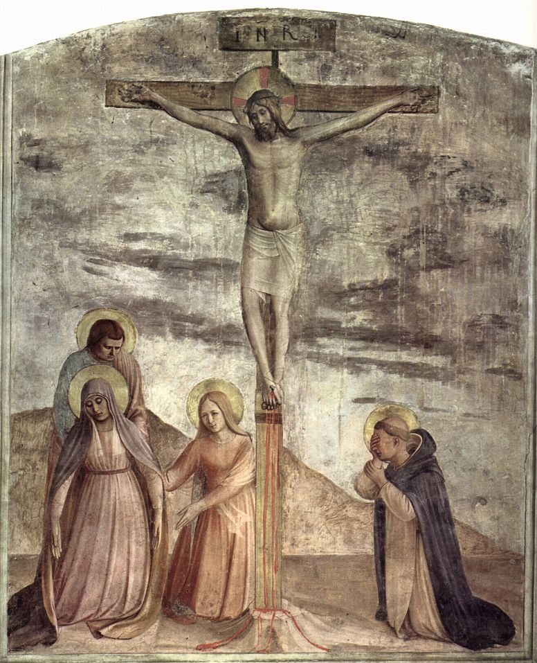 Fra Beato Angelico. Crucifixion with the grieving Saint Dominic. Fresco of the Monastery of San Marco, Florence