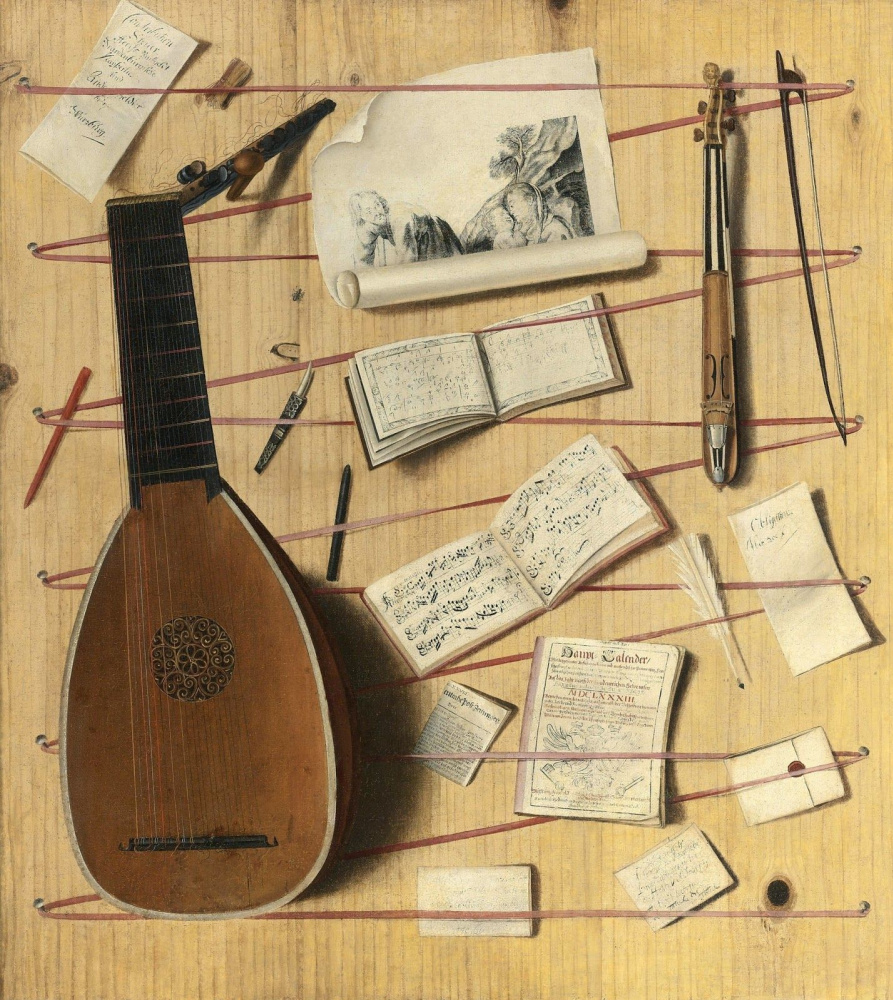 Cornelis Norbertus Gisbrehts. Trompe l'oeil with a mandolin, sheet music, etc