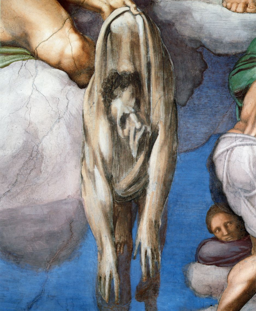 Michelangelo Buonarroti. Autoportrait sur le mur de la chapelle Sixtine