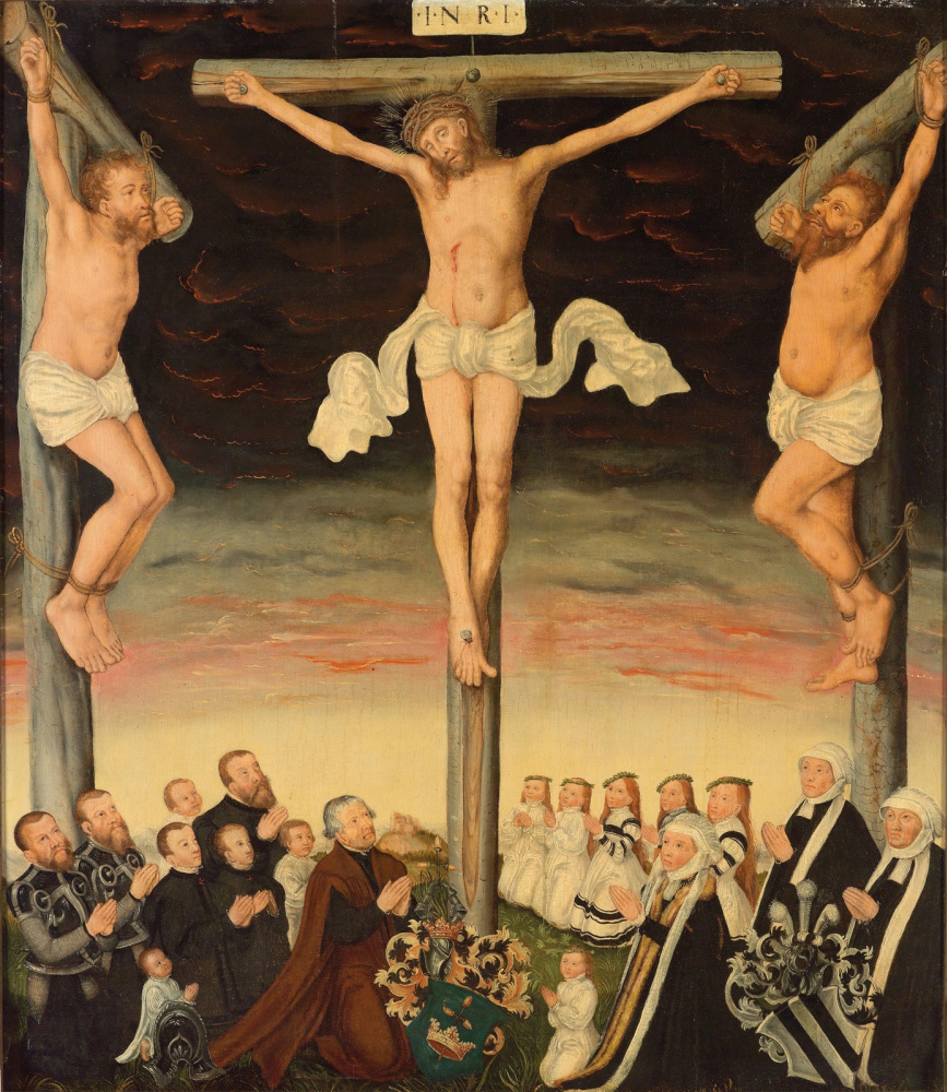 Lucas Cranach the Younger. Crucifixion with donors and their coats of arms.