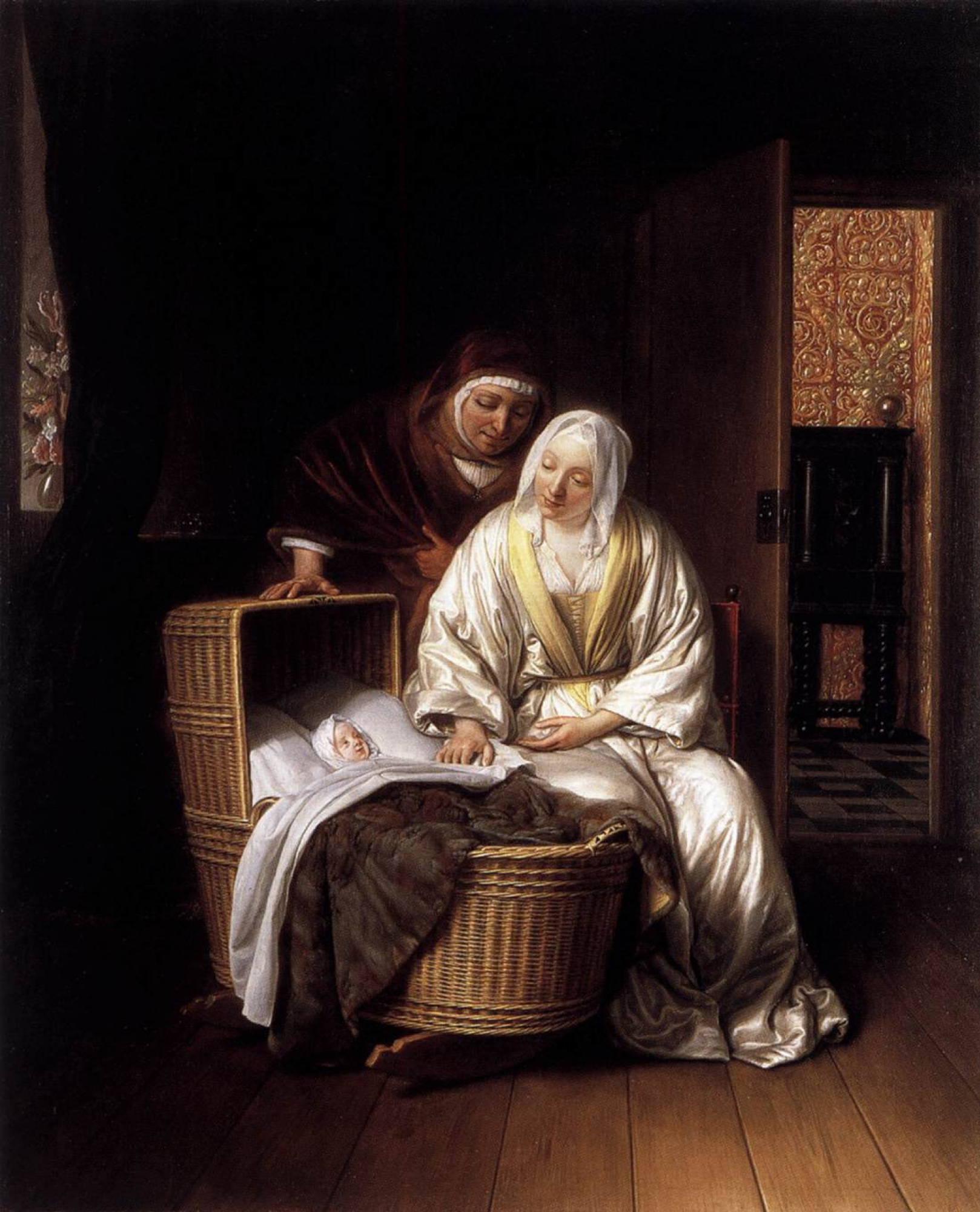 Two women at the cradle 1670 55 66 cm by Samuel van Hogstraaten